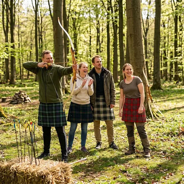 Kollegaer skyder med bue og pil efter mål i skoven ved Highland Games.